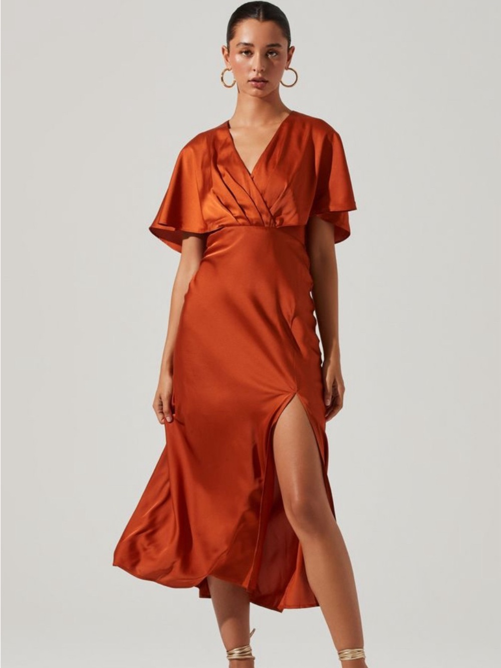 V-Neck Flutter Sleeve Midi Dress in Burnt Orange